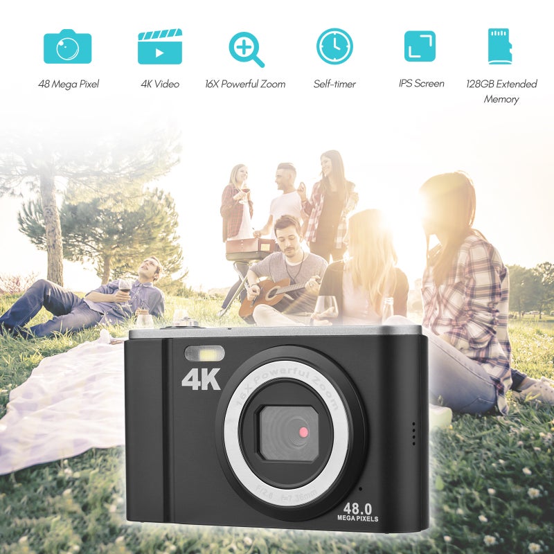 كاميرا رقمية محمولة بدقة 48 ميجا بكسل، دقة فيديو 4K، شاشة IPS مقاس 2.8 بوصة، تكبير 16 مرة، مؤقت للتصوير الذاتي، ذاكرة قابلة للتمديد حتى 128 جيجا بايت، اكتشاف الوجوه، منع الاهتزاز، مع بطاريتين، بطاقة ذاكرة بسعة 32 جيجا بايت، حزام اليد وحقيبة النقل - Image 3