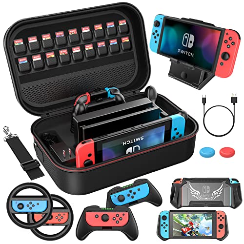 HEYSTOP Switch Accessories Bundle 12 in 1 Compatible with Nintendo Switch, Gift Kit with Carrying Case, Protective Case Cover, Screen Protector, PlayStand, Joycon Grip & More (Black) - Image 1