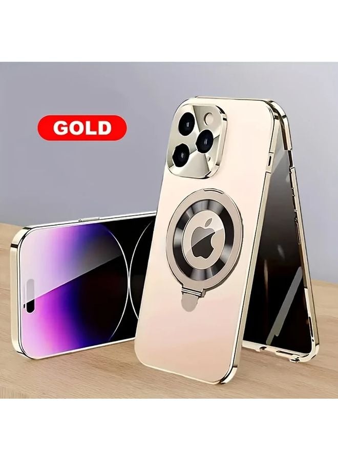 غلاف هاتف مغناطيسي ذهبي شفاف مع حامل خاص بآيفون 14 برو ماكس للحفاظ على الخصوصية - Image 1