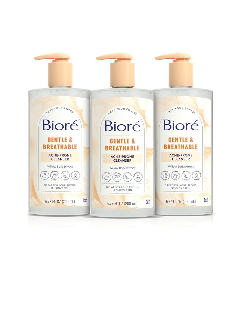 Biore Biore Gentle & Breathable Acne Face Wash, Gentle Face Cleanser for Sensitive and Acne Prone Skin, Infused with Willow Bark Extract to Clarify Skin, Fragrance Free, 6.77 Oz , Pack of 3  - Image 1