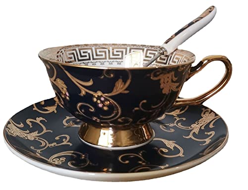 Eplze YBK Tech Euro Style Bone China Cup& Saucer Set, Ceramic Tea Coffee Cup for Home Kitchen Wedding (Retro Flower Pattern- Dark Blue) - Image 1