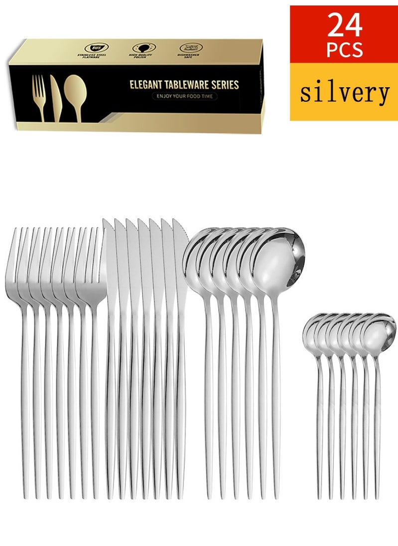 wowofa - 24-Piece Silverware Set, Stainless Steel Flatware Cutlery Set Eating Utensils for 6, Spoons Forks Knives for Home Kitchen, Tableware for Dinner, Simple Design & Mirror Finish, Dishwasher Safe - Image 1