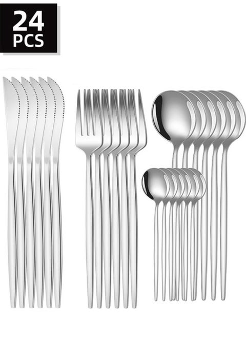 24-Piece Modern Silverware Set, Stainless Steel Flatware Cutlery Set, Elegant Kitchen Utensils， Service for 6 Includes Dinner Knives/Spoons/Forks/Coffee spoon, Mirror Polished, Dishwasher Safe