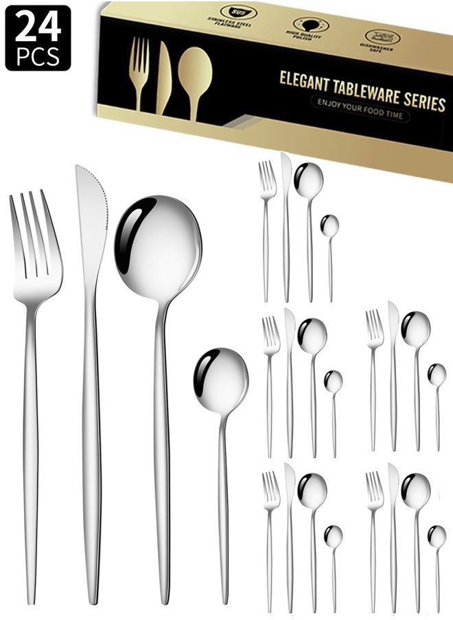 wowofa 24 piece cutlery set, Stainless steel flat tableware, for 6, Eating Dinner Utensils for Home Restaurant Party, Include Spoons, Fork, Knife,Coffee spoon， Mirror Finish, Dishwasher Safe（silver）  - Image 1