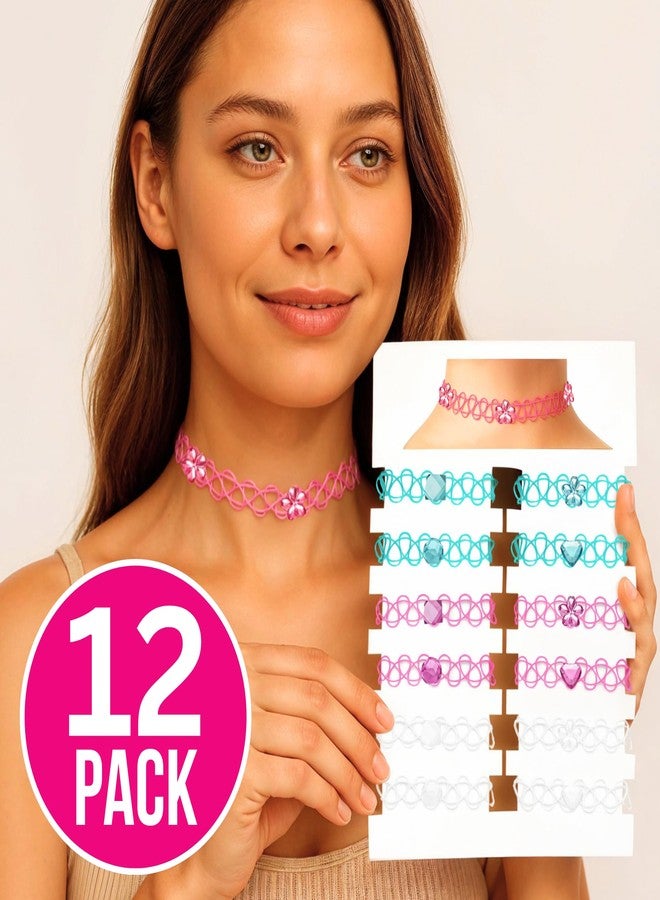 BodyJ4You مجموعة قلادات تشوكر من BodyJ4You مكونة من 12 قطعة، ألوان أكوا، أبيض، وردي، قابلة للتمدد، مصنوعة من المطاط، مجوهرات للنساء والفتيات والأطفال، عبوة هدايا - Image 2