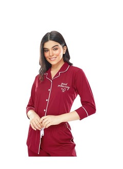 مملكة الإكسسوارات طقم ملابس نوم نسائية مريحة من القطن سادة مكون من قميص وبيجامة  - Image 2