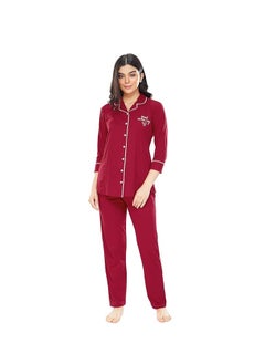 مملكة الإكسسوارات طقم ملابس نوم نسائية مريحة من القطن سادة مكون من قميص وبيجامة  - Image 1