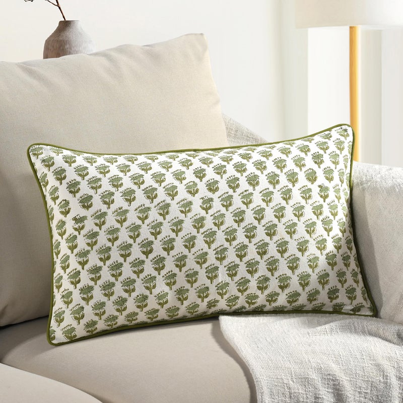 CPC COTTON PRINT CLUB CPC Emerald Green 100% Cotton Block Print Sham Cover 12x20 inch, Handmade Boho Floral Pillowcase, Farmhouse Cottagecore Bedding, Soft Decorative Cushion Cover Gift Spring, Easter - Image 1