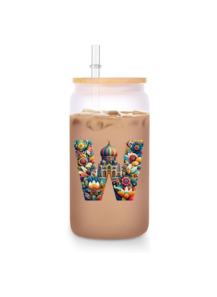 PRINTSHOP4ME Eco-Friendly Reusable Glass Bottle with Straw and Bamboo Lid - 455 ml Initial Monogram Floral Design - Perfect for Iced Coffee, Tea - Durable, and Leak-Proof - Ideal for Office, and Travel  - Image 1