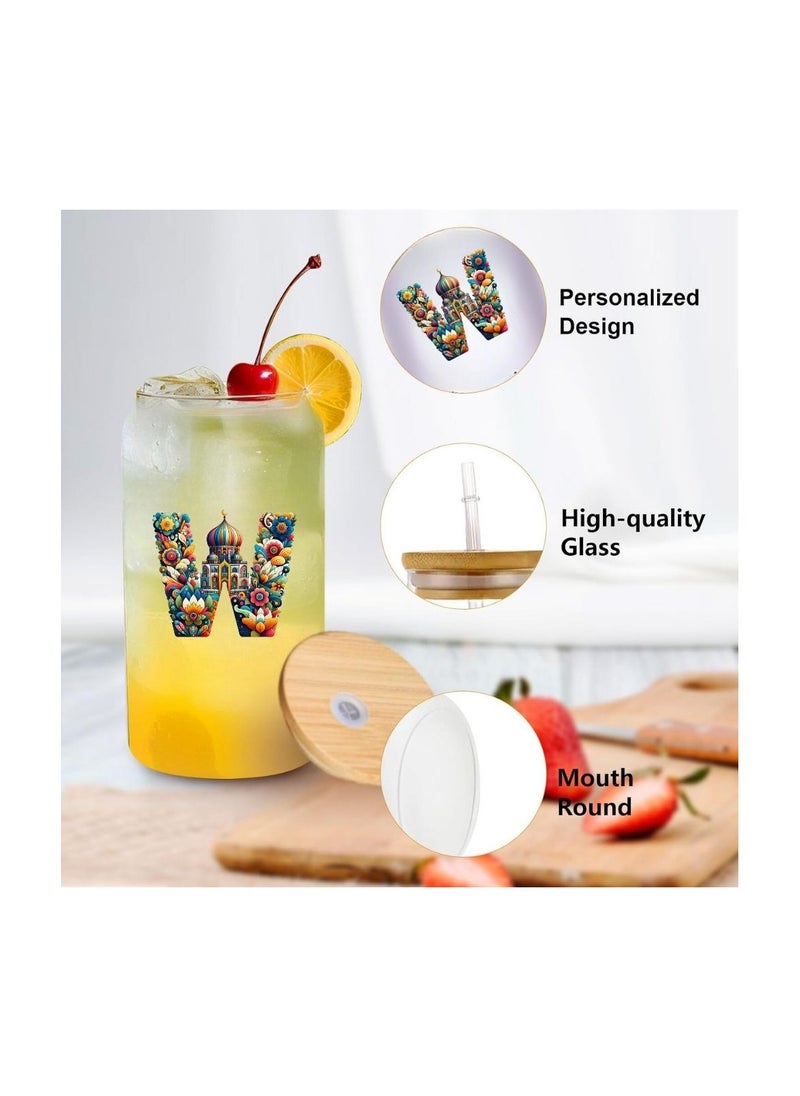 PRINTSHOP4ME Eco-Friendly Reusable Glass Bottle with Straw and Bamboo Lid - 455 ml Initial Monogram Floral Design - Perfect for Iced Coffee, Tea - Durable, and Leak-Proof - Ideal for Office, and Travel  - Image 2