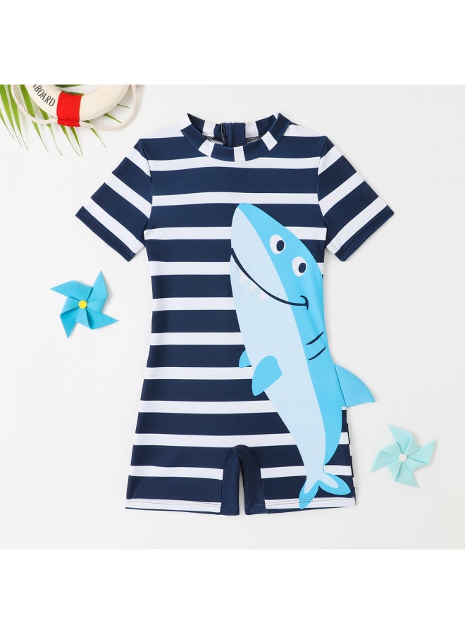 Loquat Children's Swimsuit Boys' One-piece Swimsuit 2024 Striped Shark Graffiti Short Sleeve Boys' Swimsuit-Color:Blue- - Image 4