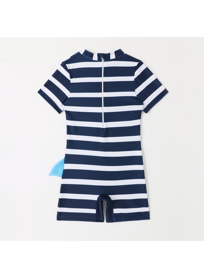 Loquat Children's Swimsuit Boys' One-piece Swimsuit 2024 Striped Shark Graffiti Short Sleeve Boys' Swimsuit-Color:Blue- - Image 5