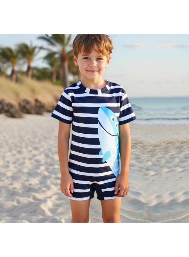 Loquat Children's Swimsuit Boys' One-piece Swimsuit 2024 Striped Shark Graffiti Short Sleeve Boys' Swimsuit-Color:Blue- - Image 2