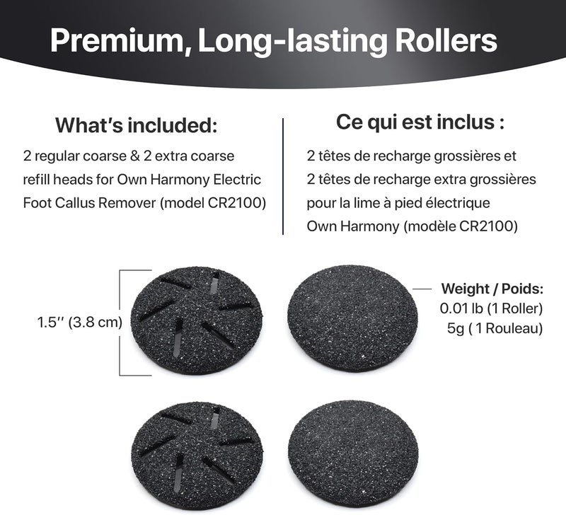 Own Harmony Refill Rollers: Best Fit for Electric Callus Remover Model CR2100 Pedicure Tools - Professional Foot Care for Smooth Feet - Refills 4 Pack Replacement Heads (2 Regular and 2 Extra Coarse) - Image 4
