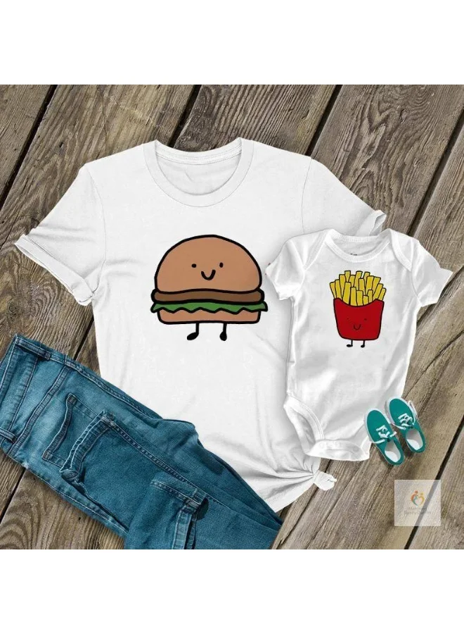 Burger & Fries Printed White Cotton T-Shirt for Mother and Son | Matching Family Outfit | Mother–Baby Combo | Funny Round Neck Casual Wear Tee