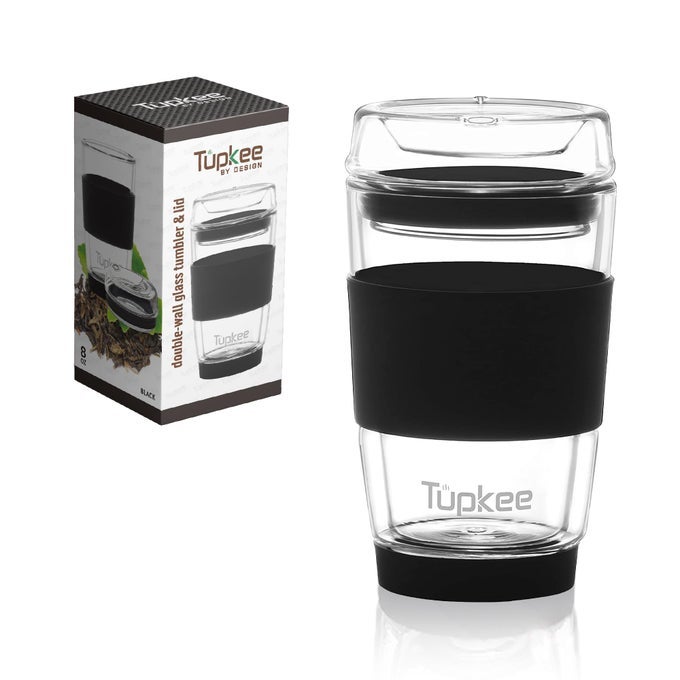 DOUBLE WALL GLASS TUMBLER 8OUNCE ALL GLASS HAND BLOWN REUSABLE INSULATED TEACOFFEE MUG LID TRAVEL MUG BLACK