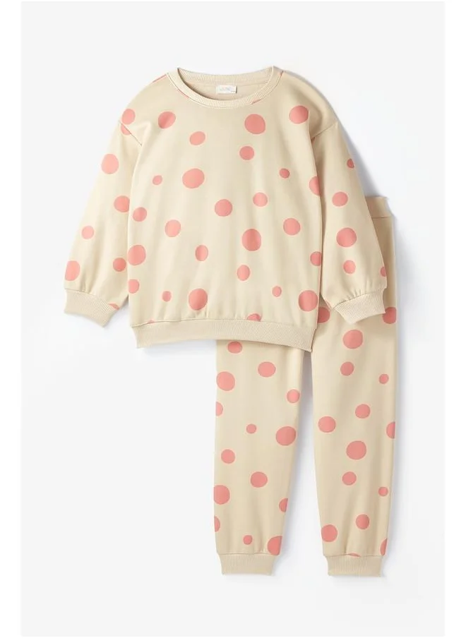 JUNE June Kid Polka Dot Patterned Sweatshirt and Sweatpant 2-Pack Set Ecru