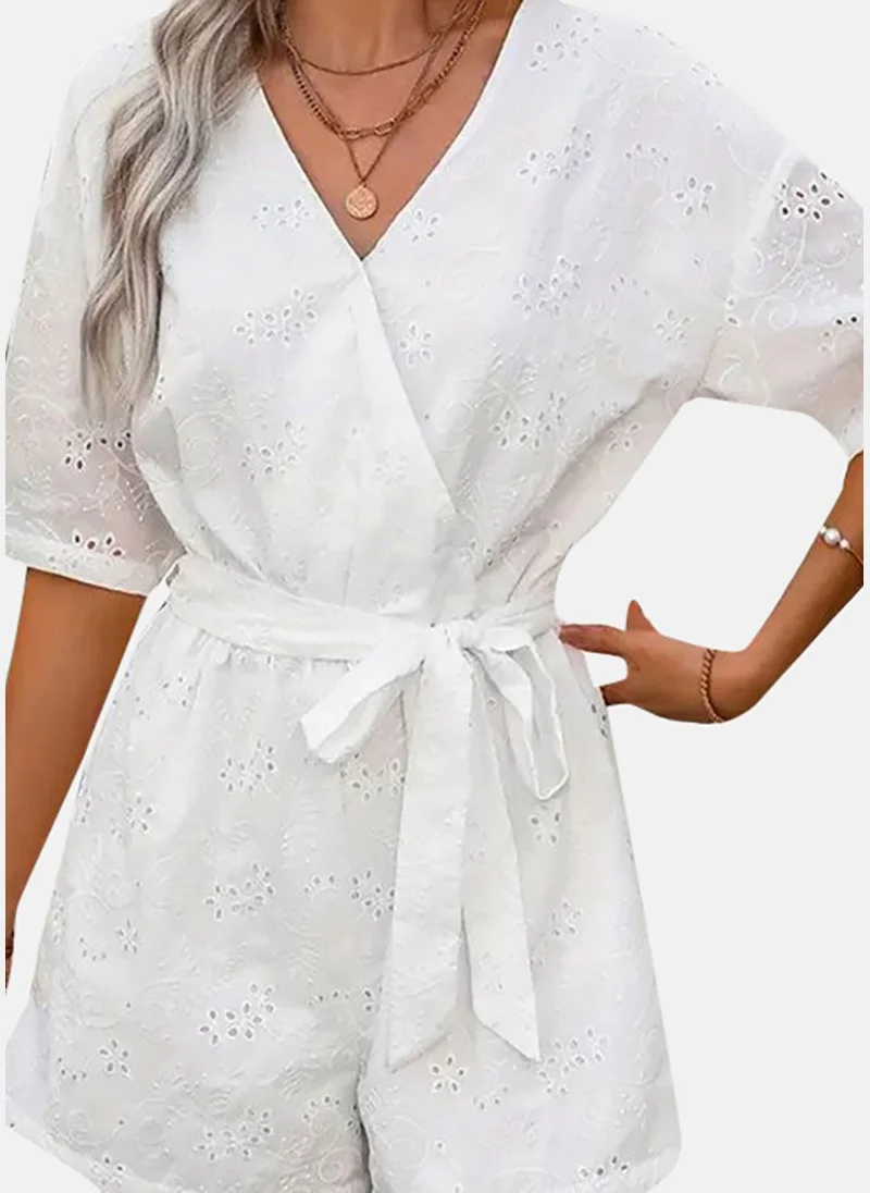 YUNIQEE White Solid Relaxed Fit Plunge Neck Jumpsuit