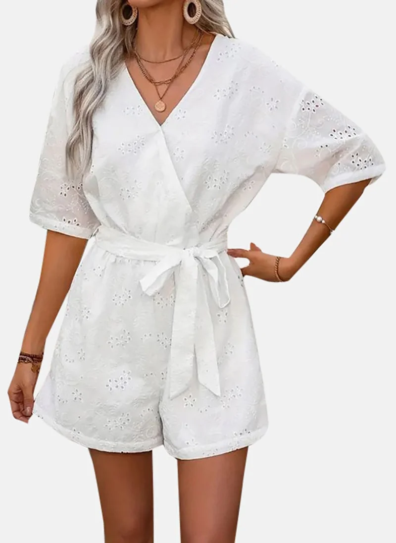 YUNIQEE White Solid Relaxed Fit Plunge Neck Jumpsuit
