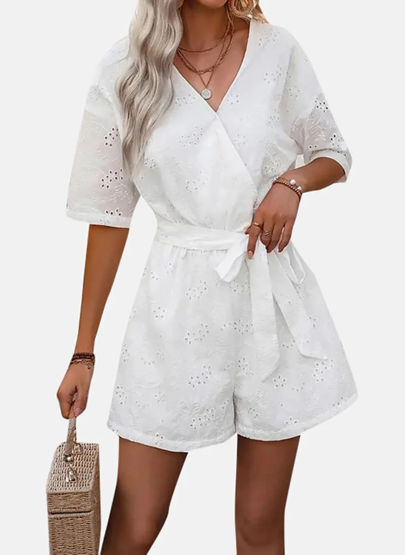 YUNIQEE White Solid Relaxed Fit Plunge Neck Jumpsuit