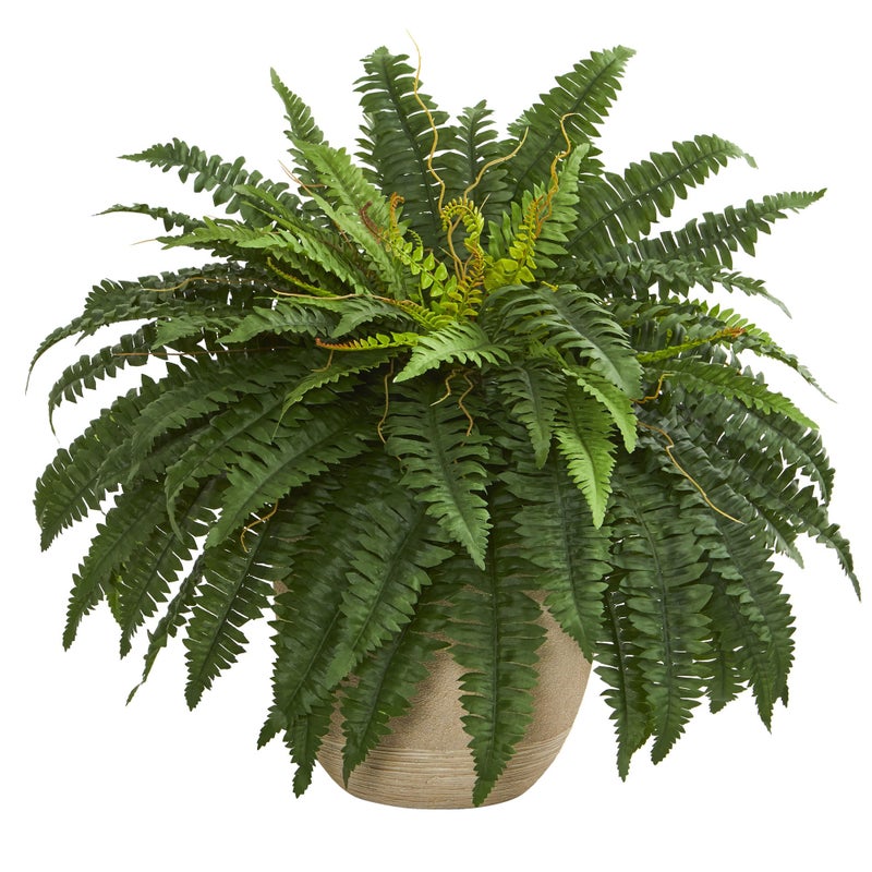 Nearly Natural Nearly Natural 22 Boston Fern Artificial Plant In Sandstone Planter Green 