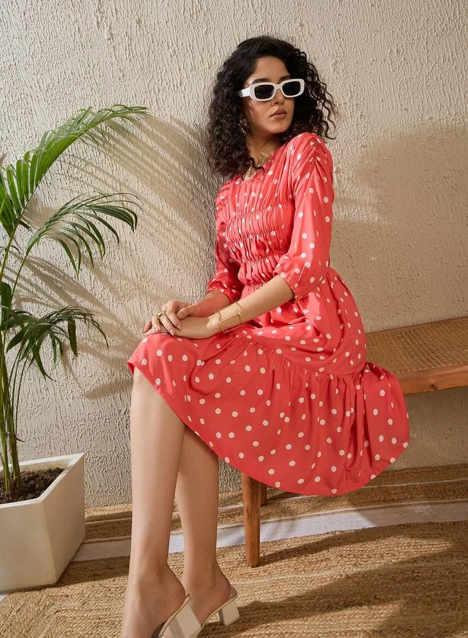 StyleStone Stylestone Polka Dot Print Ruched Detail Knee Length Dress