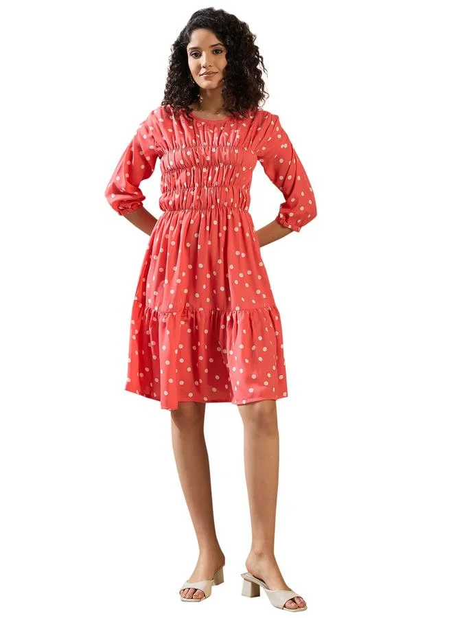 StyleStone Stylestone Polka Dot Print Ruched Detail Knee Length Dress