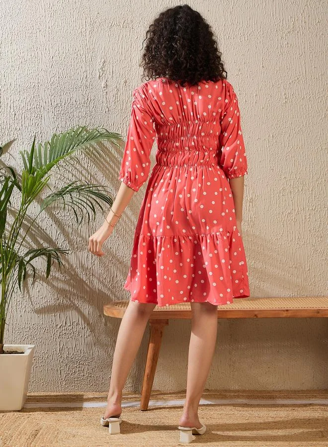 StyleStone Stylestone Polka Dot Print Ruched Detail Knee Length Dress