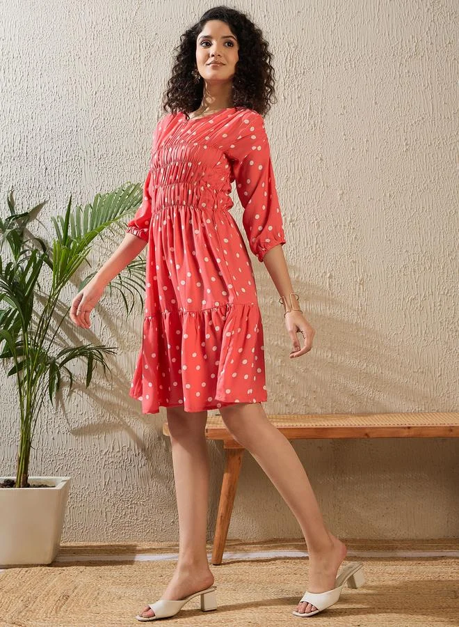 StyleStone Stylestone Polka Dot Print Ruched Detail Knee Length Dress