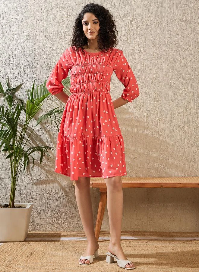 StyleStone Stylestone Polka Dot Print Ruched Detail Knee Length Dress