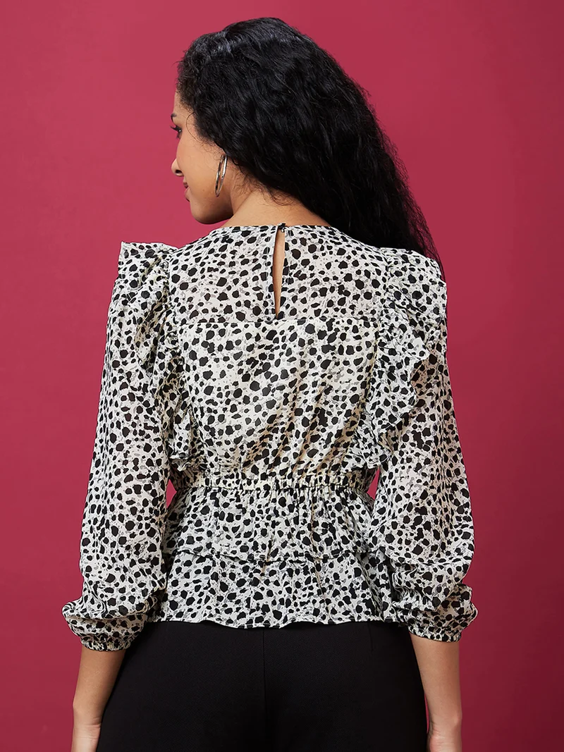 globus Globus Women White Animal Printed Ruffles Regular Top