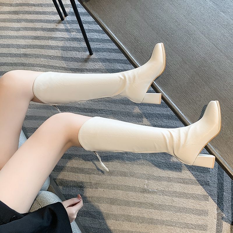 Zz White Boots Feminine Knight Boots High-Heeled Boots Denim Slim Boots Long Boots High Heels - Image 1