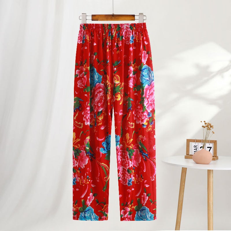 Summer Womens Ice Silk Pants Middle-aged and Elderly Loose Casual Home Pants Elacto Plus Fat Mother Pants Square Sports Nine points straight tube flower pants northeast big flower 