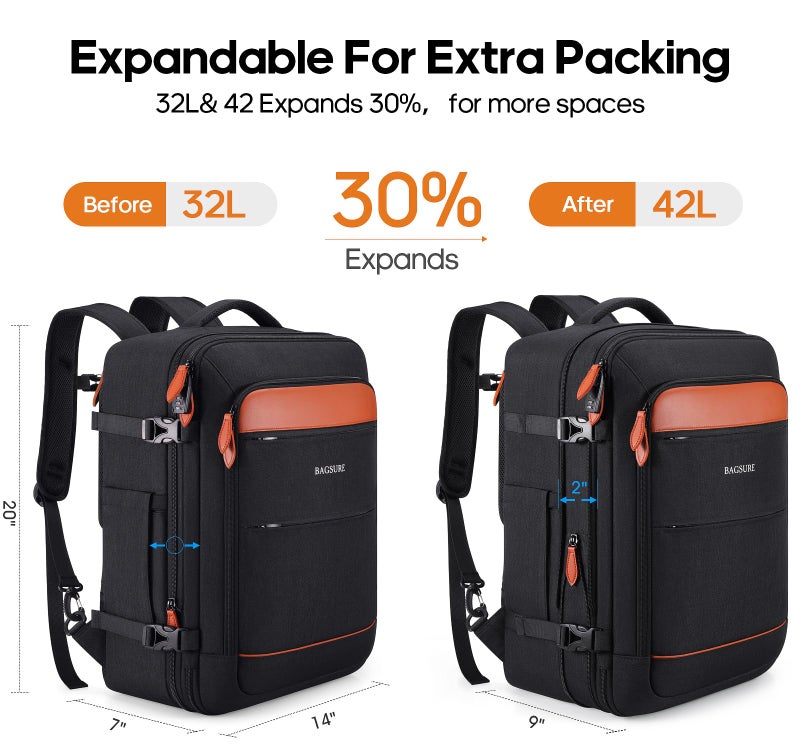 Bagsure Travel Backpack Carry On Backpack 42L Flight Approved, Expandable Laptop Backpack with Packing Cubes & Shoe Pocket, Water Resistant Luggage Backpack for Men Women, TSA Approved, Large Backpack - Image 3