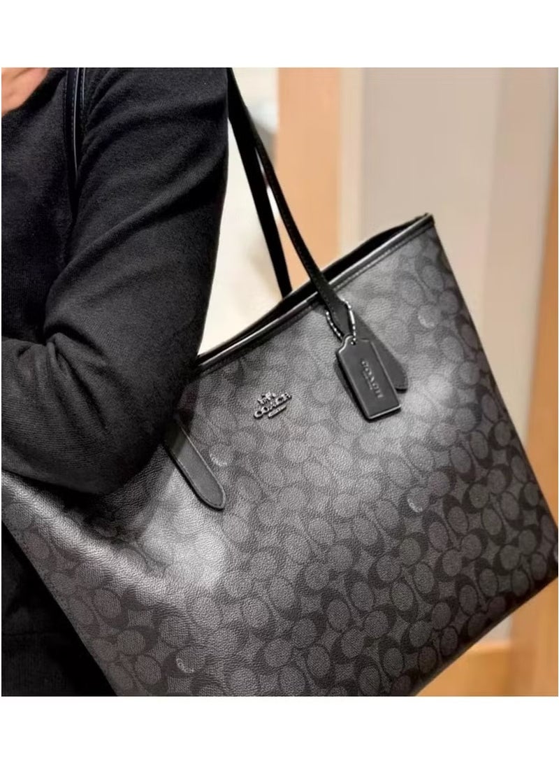 coachoutlet Coach City Tote Bag Iconic Printed Women's Fashion Multifunctional Large Capacity Large Size Grey Black Tote Bag - Image 1