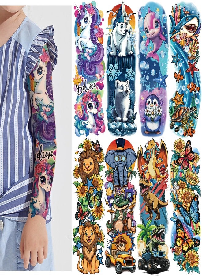 SOOVSY Kids Full Arm Sleeve Temporary Tattoos for Kids Boys Girls, 52-Piece Fake Tattoos with Lion Dinosaur Shark Dolphins Butterfly Elephant Design for Party, Festival, Pool, Beach, Rave Accessories - Image 1