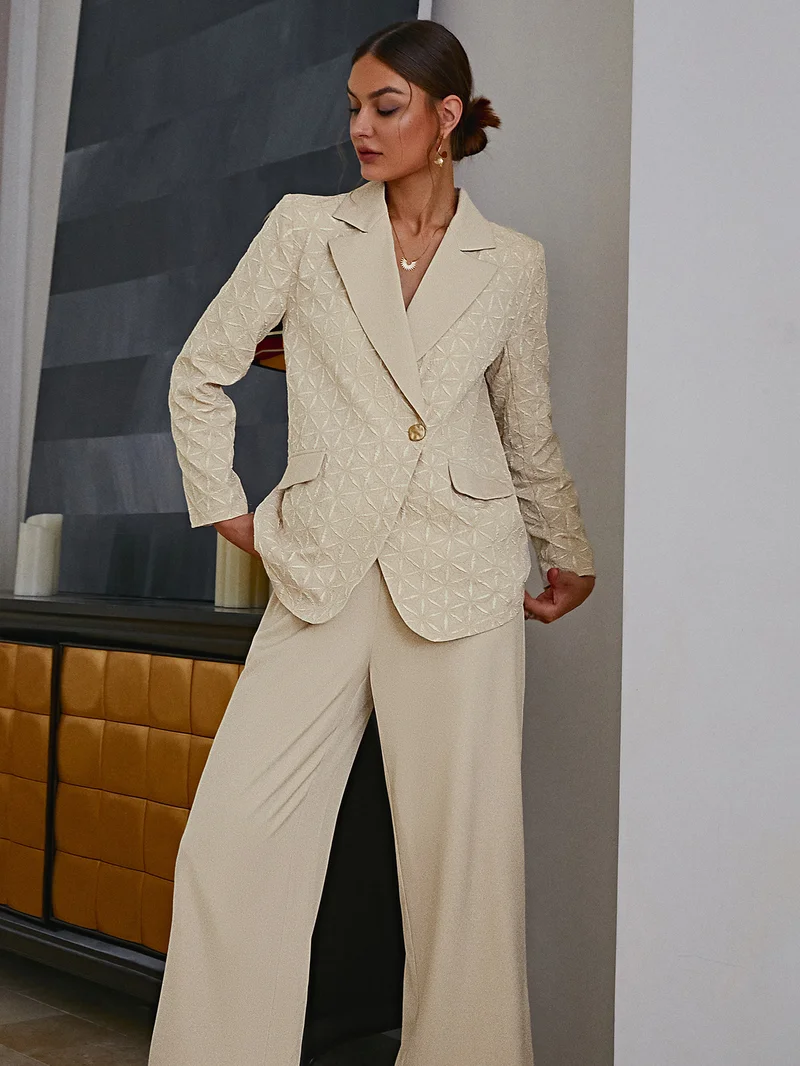Simplee Two Piece Set Notch Lapel High Waist Wide Leg Jacquard Off White Oatmeal Office Premium Ivory Pearl