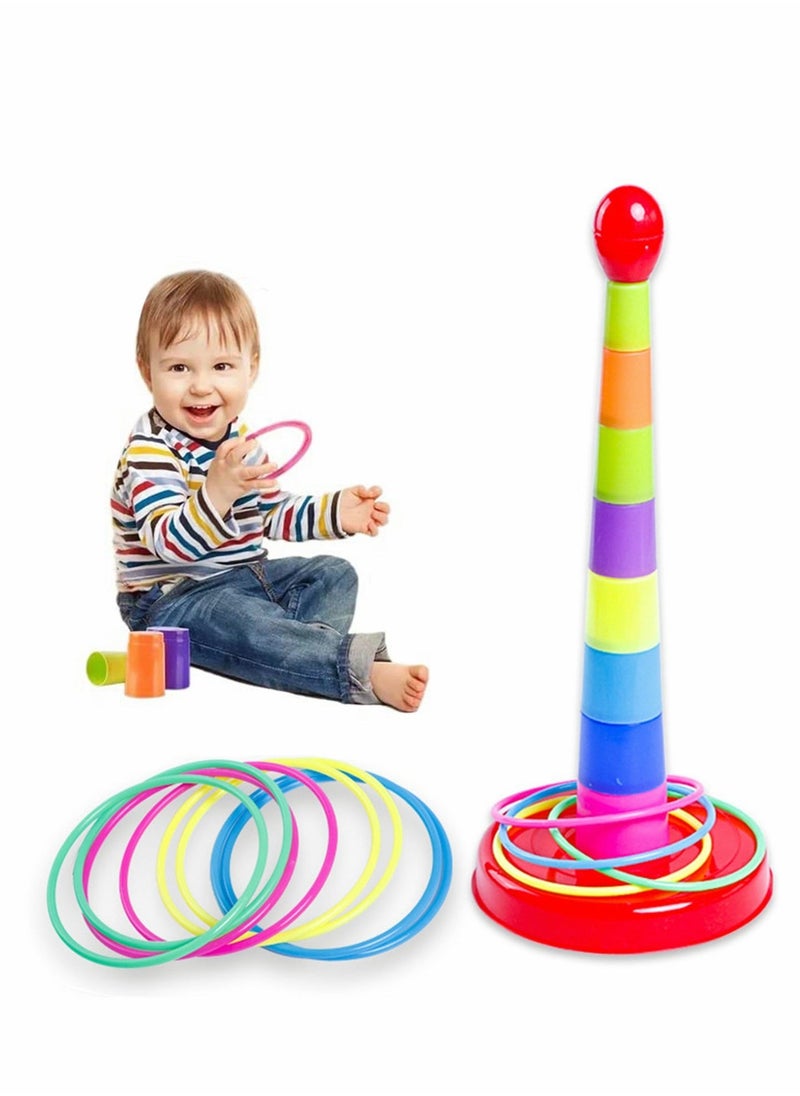 Stacking Cups Kids Ring Toss Cast Circle Sets Game, Stack Up Nesting Tower Colorful Toy Early Game Gifts, 8 Layer Rainbow Building Cup and 8 Rainbow Circles  - Image 1