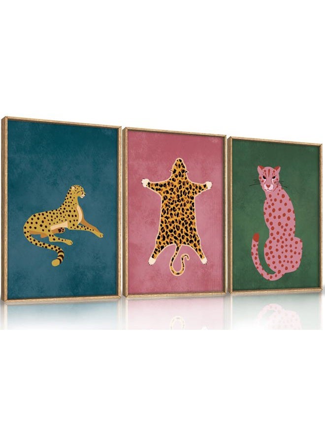 Ausril Cheetah Animals Framed Canvas Wall Art Set, Leopard Preppy Room Wall Decor, Modern Boho Cats Wall Painting, Pink Dot Cartoon Art Print for Living Room, Bedroom, Dinning Room, Office -16"x24"x3 - Image 1