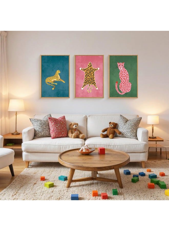 Ausril Cheetah Animals Framed Canvas Wall Art Set, Leopard Preppy Room Wall Decor, Modern Boho Cats Wall Painting, Pink Dot Cartoon Art Print for Living Room, Bedroom, Dinning Room, Office -16"x24"x3 - Image 2