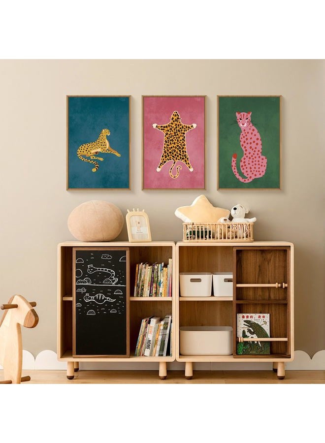 Ausril Cheetah Animals Framed Canvas Wall Art Set, Leopard Preppy Room Wall Decor, Modern Boho Cats Wall Painting, Pink Dot Cartoon Art Print for Living Room, Bedroom, Dinning Room, Office -16"x24"x3 - Image 4