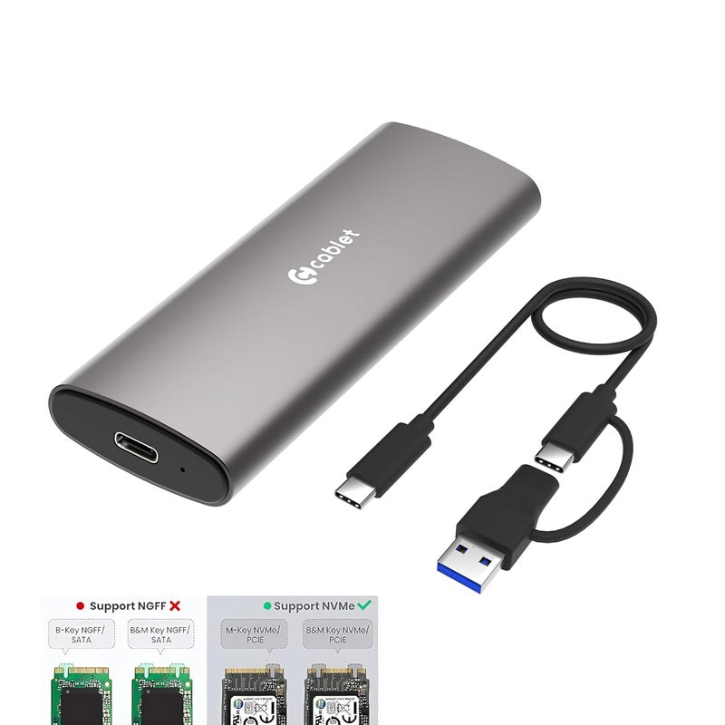Cablet 10Gbps M.2 NVMe SSD Enclosure Adapter, Tool-Free USB C 3.1 Gen 2, for M-Key & M+B Key NVMe SSD 2230/2242/2260/2280 – Max 8TB, Aluminium Case ReakTek RTL9210 Chipset (MS901-C3) - Image 1
