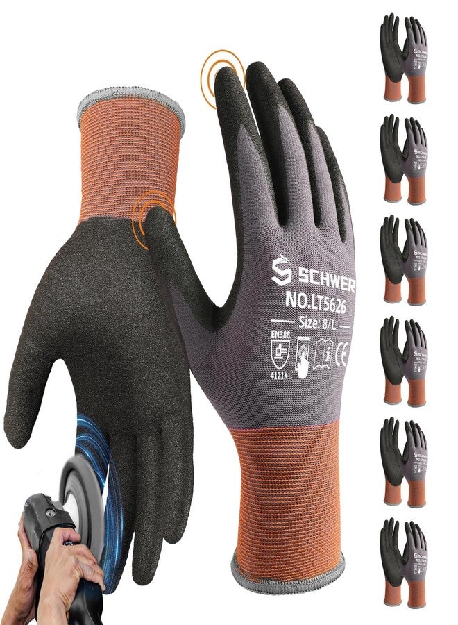 Schwer Lite Sandy Nitrile Coated Work Gloves LT5626, Work Gloves with Grip Touch Screen Compatible for General Purposes Automotive Electronic Assembly, Grey, L, 6 Pairs - Image 1