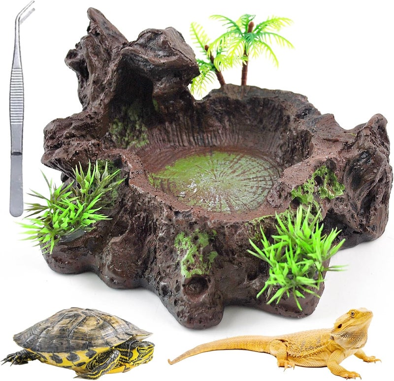 kathson Resin Reptile Bowl Bearded Dragon Food Dish Lizard Water Dish Reptiles Feeding Bowls with Feeder Tweezer for Leopard Gecko Tortoise Chameleon Water Frog Hermit Crab(A) - Image 1