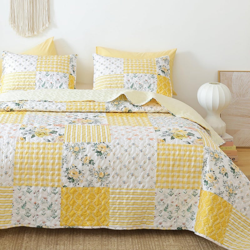 YIKUSH Quilt Sets Queen Size Floral Quilt Set 3 Pieces Bedding Set Bedspreads Yellow Comforter Blanket with 2 Pillow Cases- Ultra Soft Floral Coverlet with Printed Pattern 90in.x 90in - Image 1