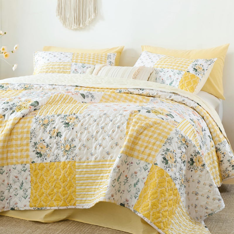 YIKUSH Quilt Sets Queen Size Floral Quilt Set 3 Pieces Bedding Set Bedspreads Yellow Comforter Blanket with 2 Pillow Cases- Ultra Soft Floral Coverlet with Printed Pattern 90in.x 90in - Image 4