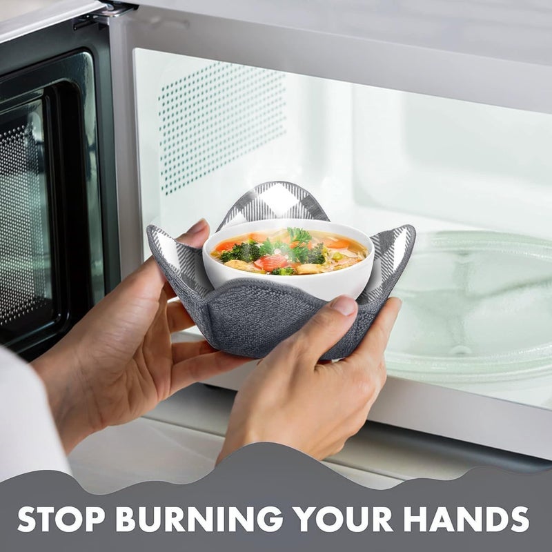 Trendsettings Microwave Bowl Cozies Warmers Food Microfiber Heat Resistant Food Warmer Set Microwave Safe Hot and Cold Bowls Holder Without Burning Your Hands Set of 4 Microwave Bowl Holders (Checkered Grey) - Image 2