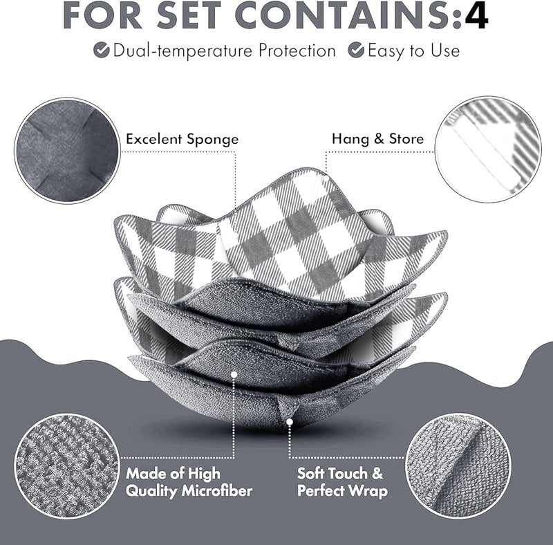 Trendsettings Microwave Bowl Cozies Warmers Food Microfiber Heat Resistant Food Warmer Set Microwave Safe Hot and Cold Bowls Holder Without Burning Your Hands Set of 4 Microwave Bowl Holders (Checkered Grey) - Image 4