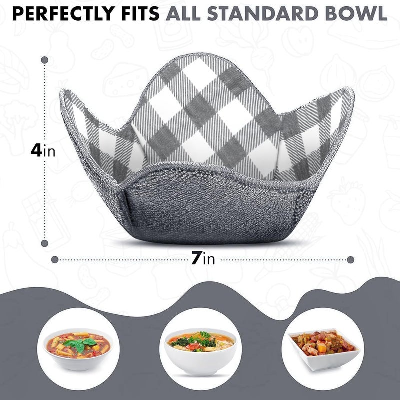 Trendsettings Microwave Bowl Cozies Warmers Food Microfiber Heat Resistant Food Warmer Set Microwave Safe Hot and Cold Bowls Holder Without Burning Your Hands Set of 4 Microwave Bowl Holders (Checkered Grey) - Image 3