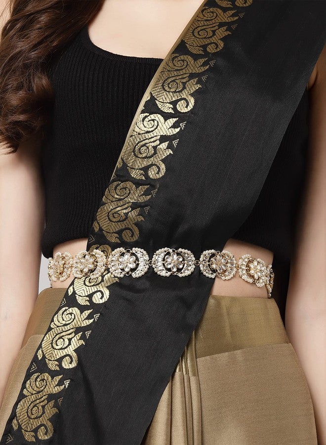كارات كارت سوار خصر نسائي من كارات كارت مطلي بالذهب بتصميم زهري مصنوع يدويًا من الكوندان للنساء - Image 2